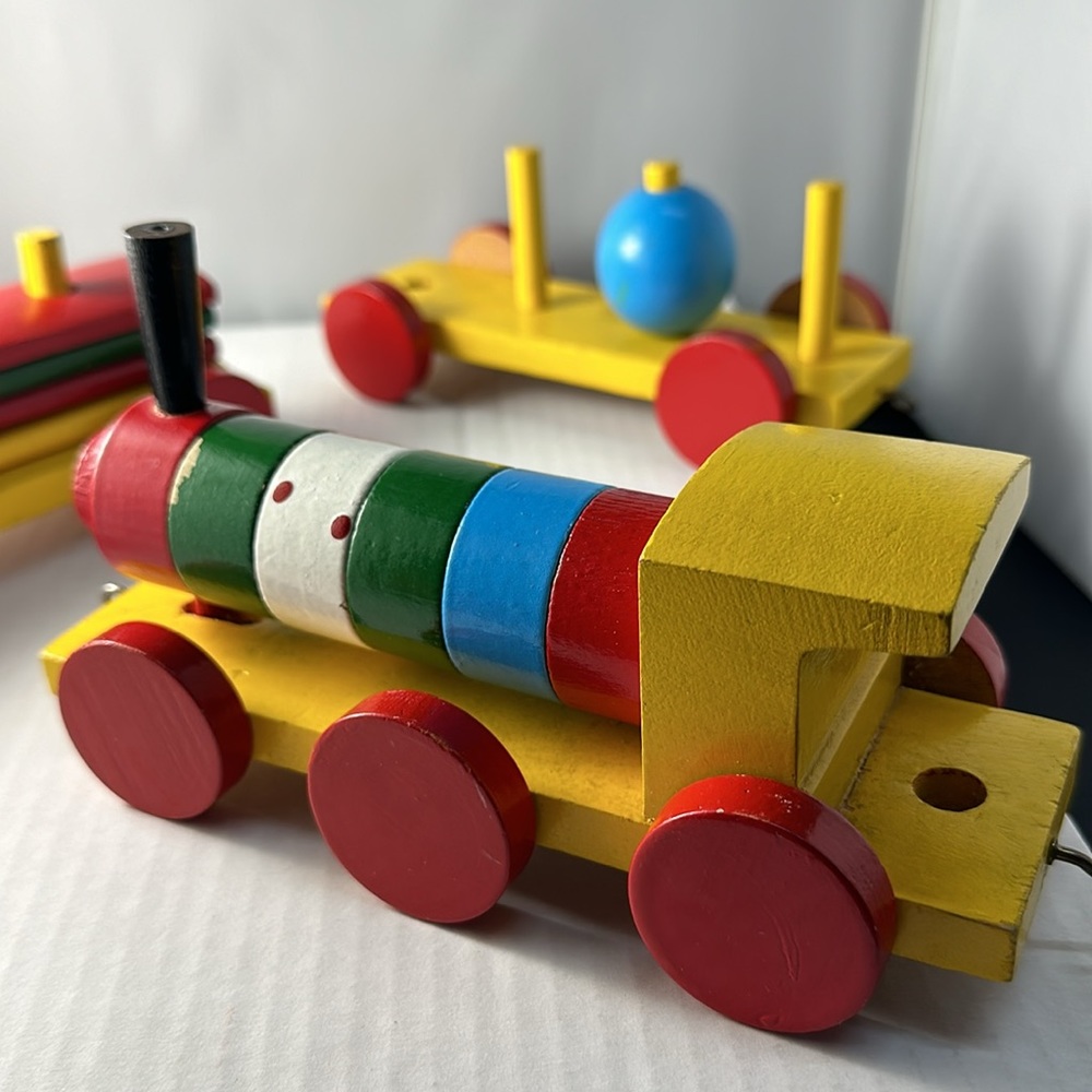 Vintage solid painted wood train set with wood wheels, 3 train cars